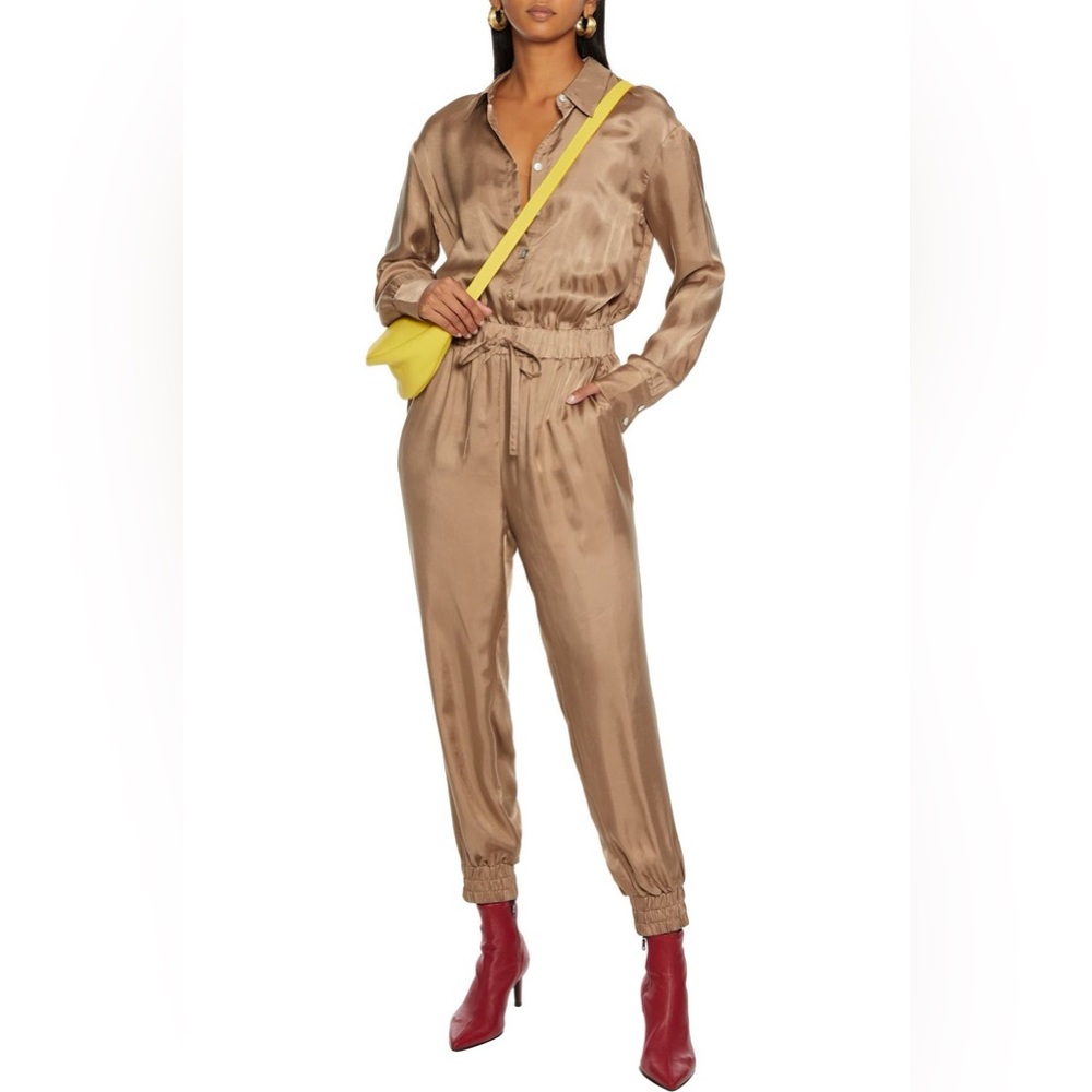 Cinq a Sept Joyce Satin Twill Jumpsuit in Pewter Beige Long Sleeve XS